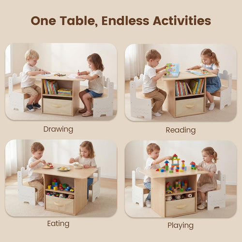 Olakids 4-in-1 Wooden Kids Table & Chair Set, Activity Desk with Foldable Storage, for Art, Drawing, Dining