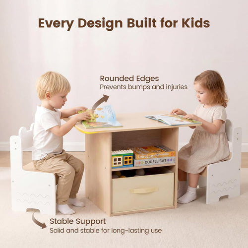 Olakids 4-in-1 Wooden Kids Table & Chair Set, Activity Desk with Foldable Storage, for Art, Drawing, Dining