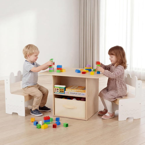 Olakids 4-in-1 Wooden Kids Table & Chair Set, Activity Desk with Foldable Storage, for Art, Drawing, Dining