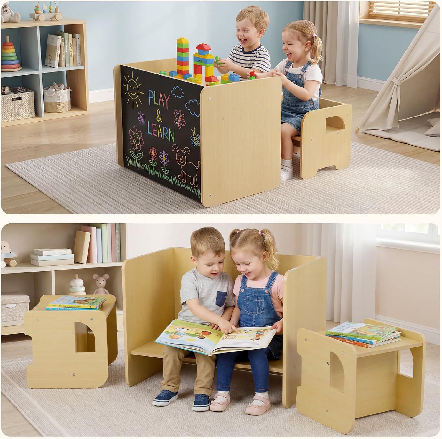 Olakids Montessori Weaning Table & Chair Set, Height Adjustable, with Blackboard & 2 Chairs, for Toddlers 1-3