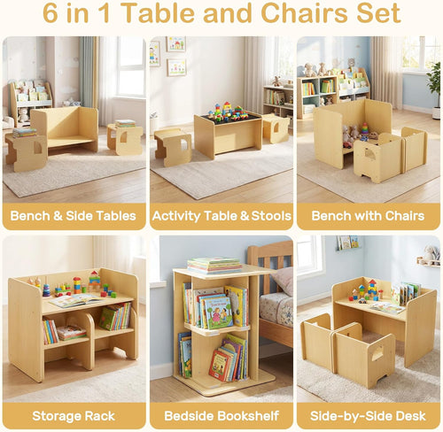 Olakids Montessori Weaning Table & Chair Set, Height Adjustable, with Blackboard & 2 Chairs, for Toddlers 1-3