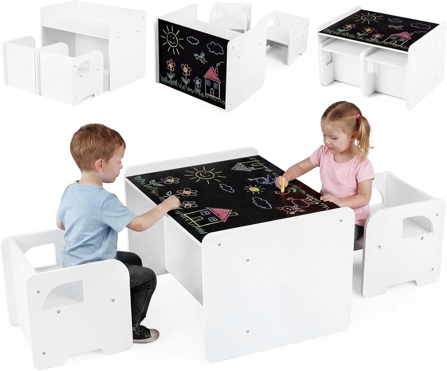 Olakids Montessori Weaning Table & Chair Set, Height Adjustable, with Blackboard & 2 Chairs, for Toddlers 1-3