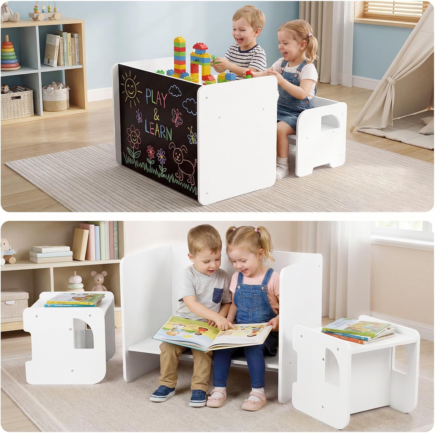Olakids Montessori Weaning Table & Chair Set, Height Adjustable, with Blackboard & 2 Chairs, for Toddlers 1-3