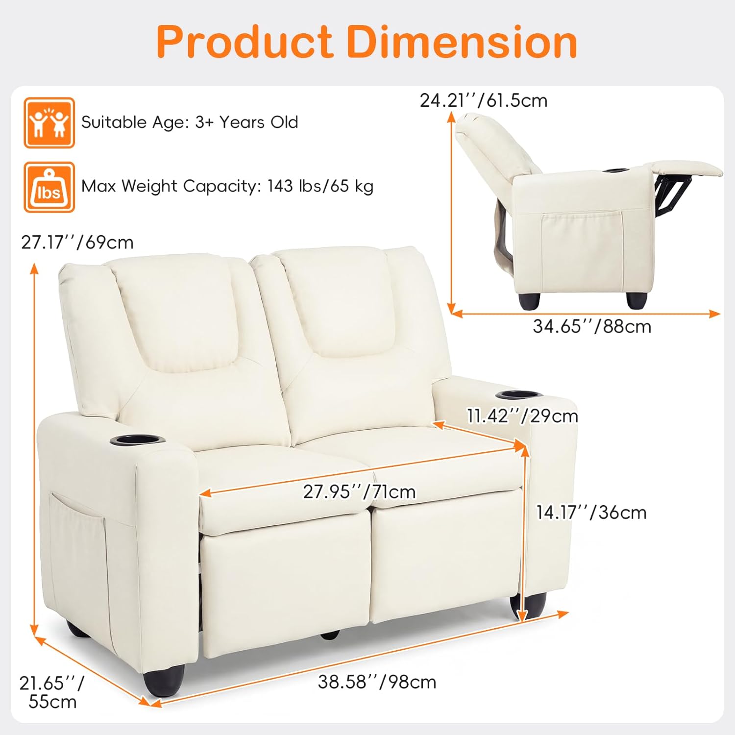 Olakids Kids Recliner, Double Toddler Lounge Chair with 105° to 150° Adjustable Backrest Cup Holder Footrest Side Pockets, PU Leather Children Couch