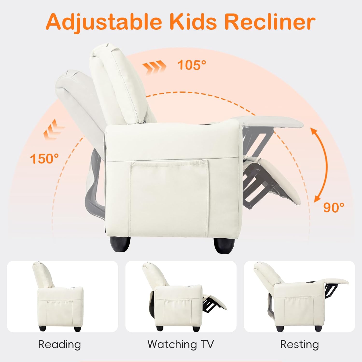 Olakids Kids Recliner, Double Toddler Lounge Chair with 105° to 150° Adjustable Backrest Cup Holder Footrest Side Pockets, PU Leather Children Couch