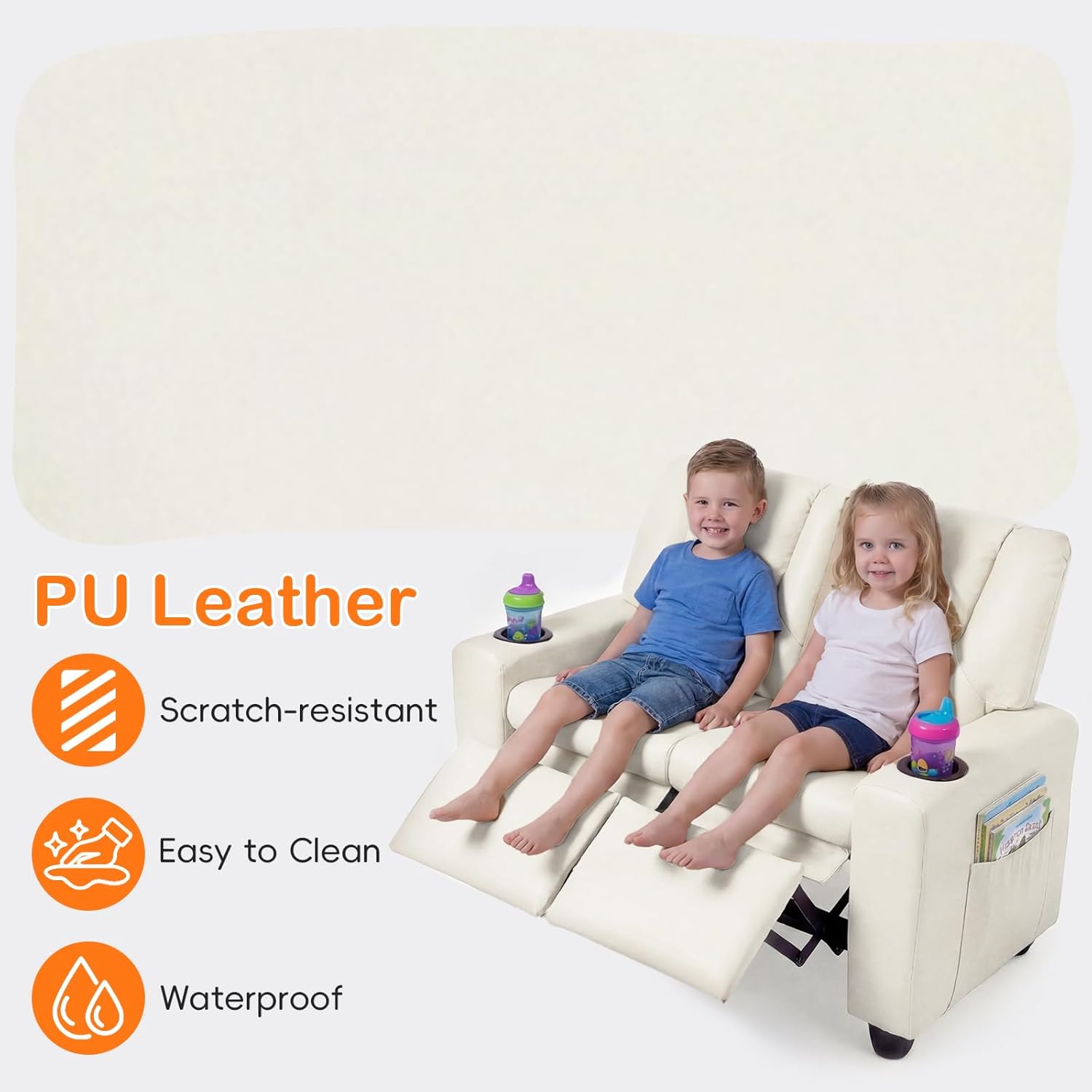 Olakids Kids Recliner, Double Toddler Lounge Chair with 105° to 150° Adjustable Backrest Cup Holder Footrest Side Pockets, PU Leather Children Couch