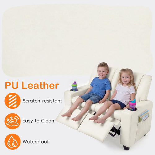 Olakids Kids Recliner, Double Toddler Lounge Chair with 105° to 150° Adjustable Backrest Cup Holder Footrest Side Pockets, PU Leather Children Couch