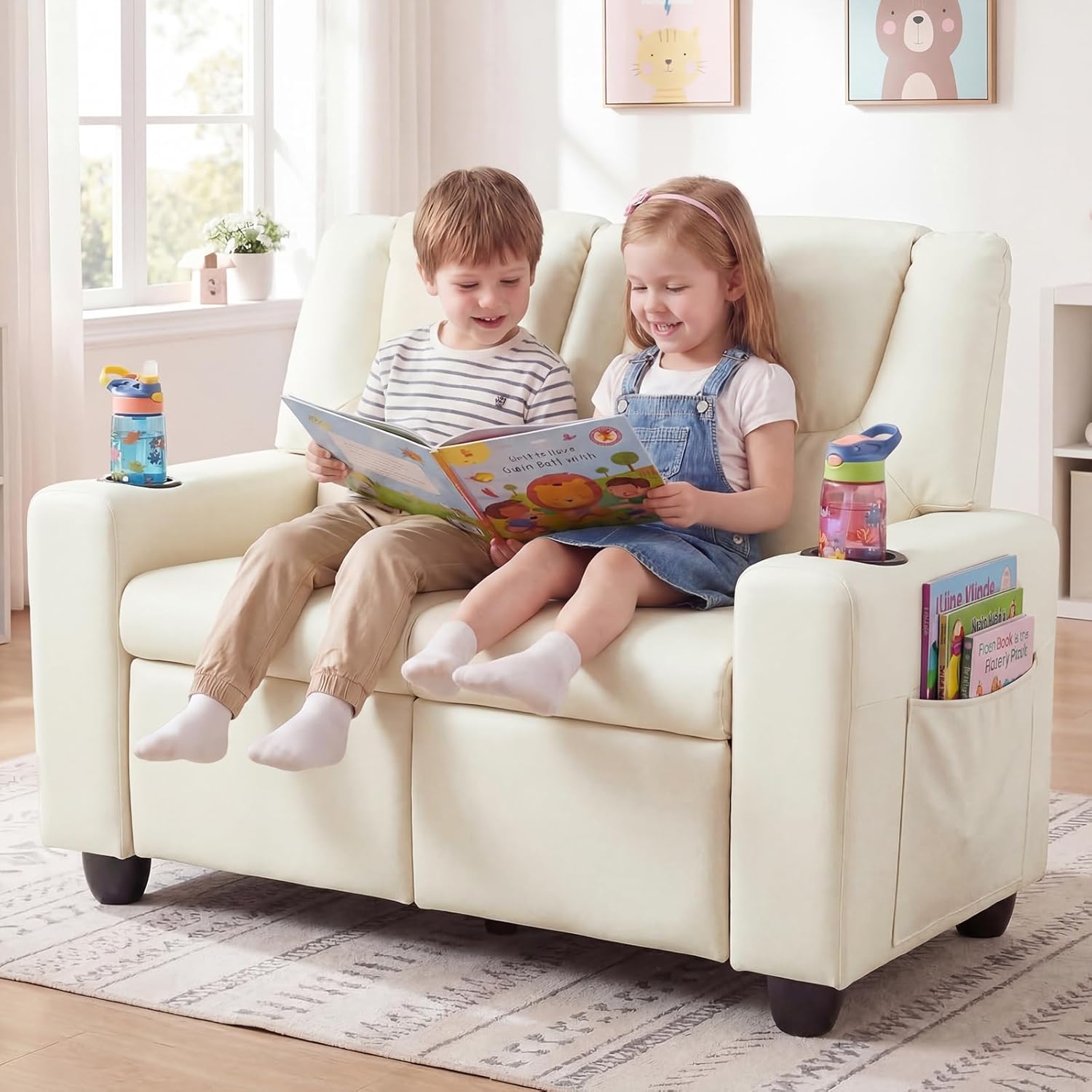 Olakids Kids Recliner, Double Toddler Lounge Chair with 105° to 150° Adjustable Backrest Cup Holder Footrest Side Pockets, PU Leather Children Couch