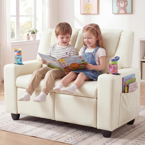 Olakids Kids Recliner, Double Toddler Lounge Chair with 105° to 150° Adjustable Backrest Cup Holder Footrest Side Pockets, PU Leather Children Couch