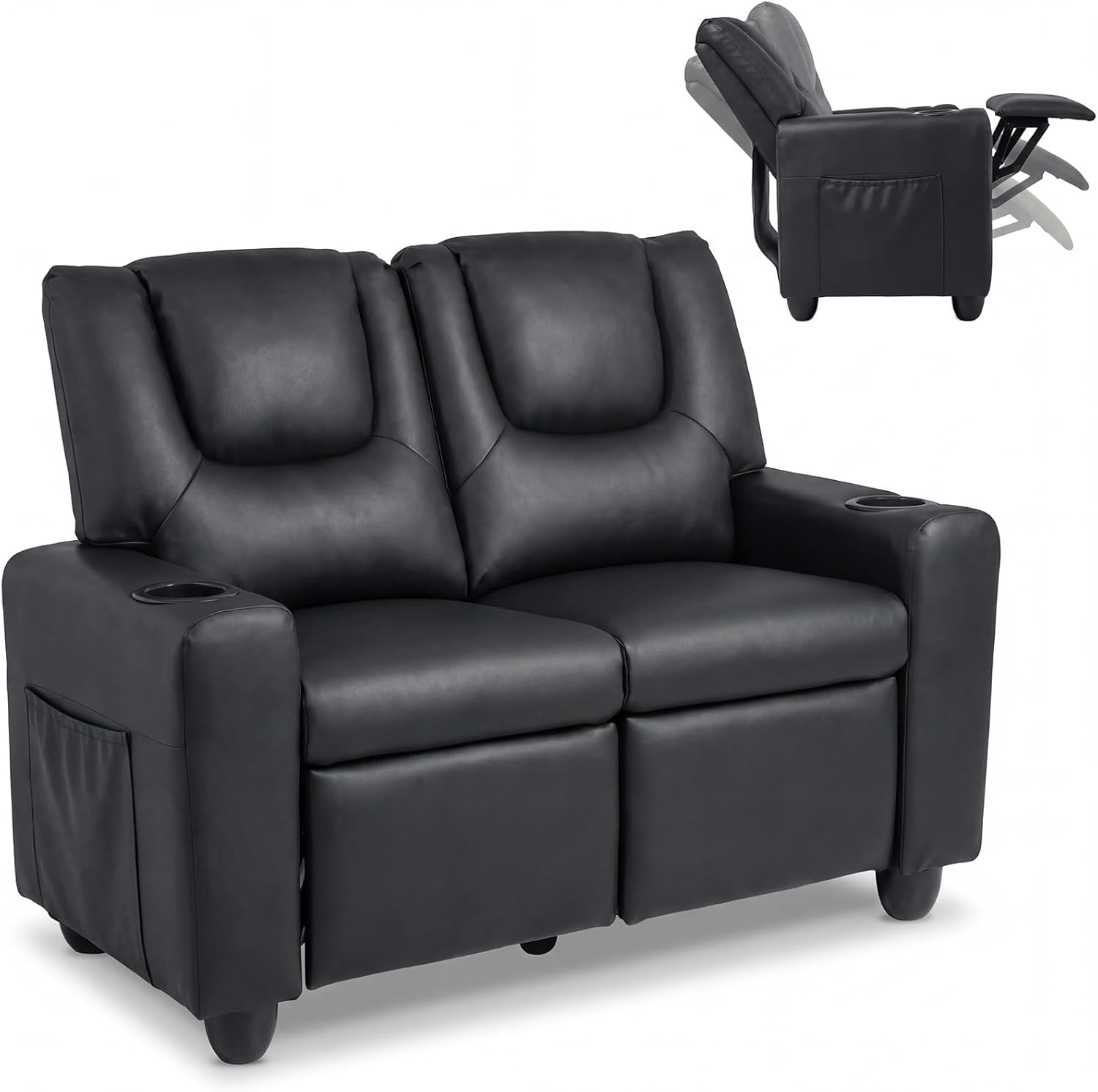 Olakids Kids Recliner, Double Toddler Lounge Chair with 105° to 150° Adjustable Backrest Cup Holder Footrest Side Pockets, PU Leather Children Couch