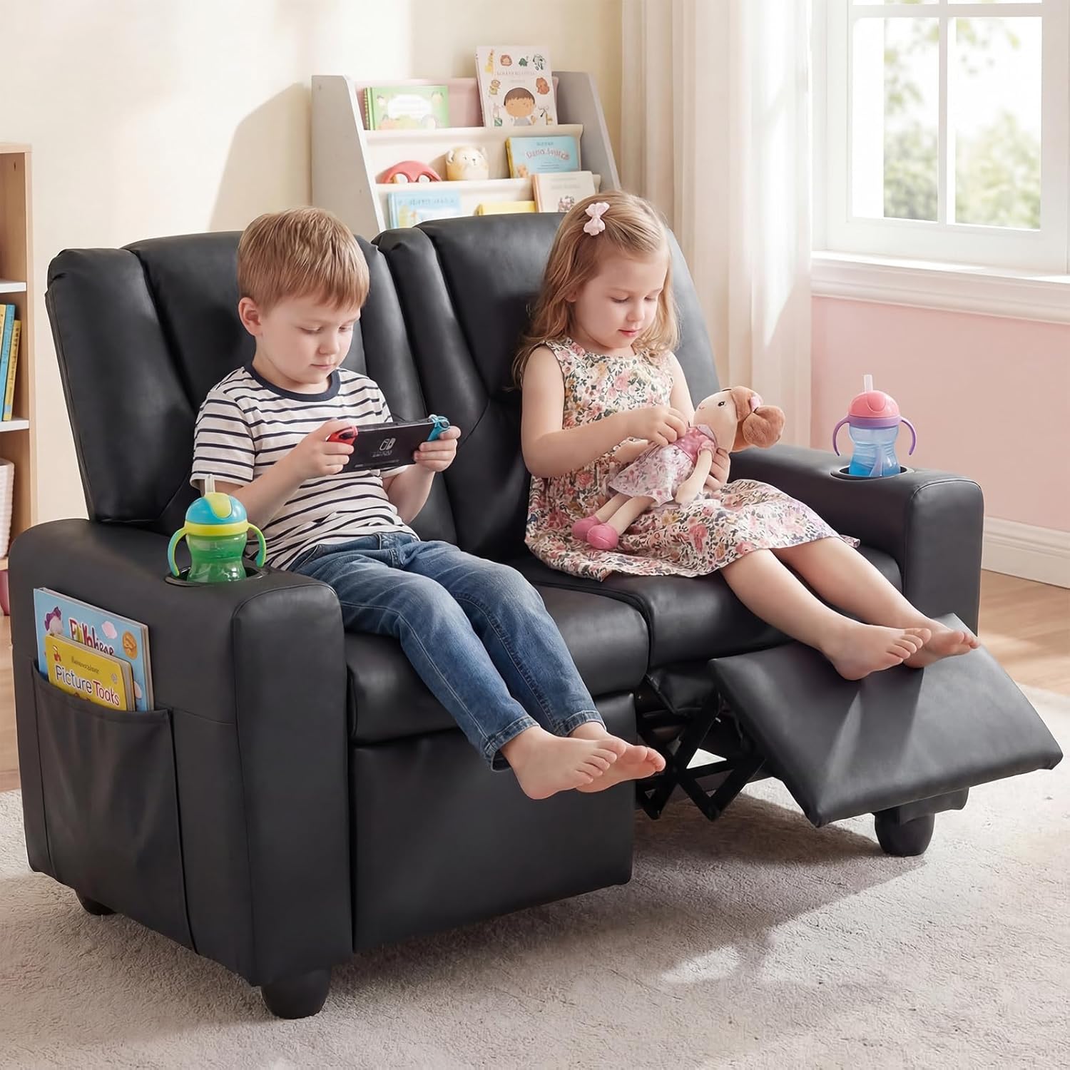 Olakids Kids Recliner, Double Toddler Lounge Chair with 105° to 150° Adjustable Backrest Cup Holder Footrest Side Pockets, PU Leather Children Couch