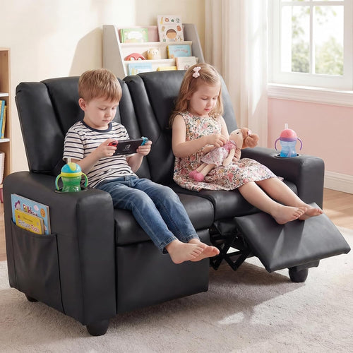 Olakids Kids Recliner, Double Toddler Lounge Chair with 105° to 150° Adjustable Backrest Cup Holder Footrest Side Pockets, PU Leather Children Couch
