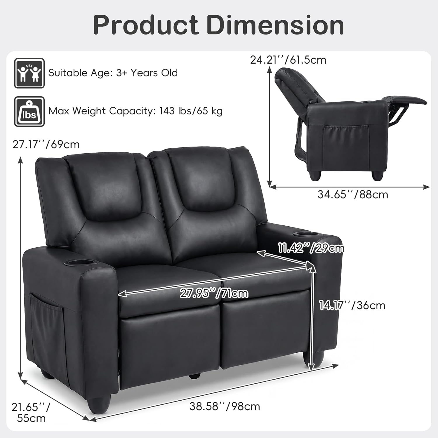 Olakids Kids Recliner, Double Toddler Lounge Chair with 105° to 150° Adjustable Backrest Cup Holder Footrest Side Pockets, PU Leather Children Couch