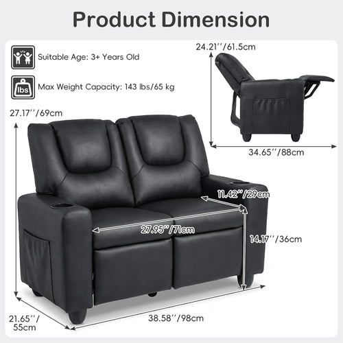 Olakids Kids Recliner, Double Toddler Lounge Chair with 105° to 150° Adjustable Backrest Cup Holder Footrest Side Pockets, PU Leather Children Couch