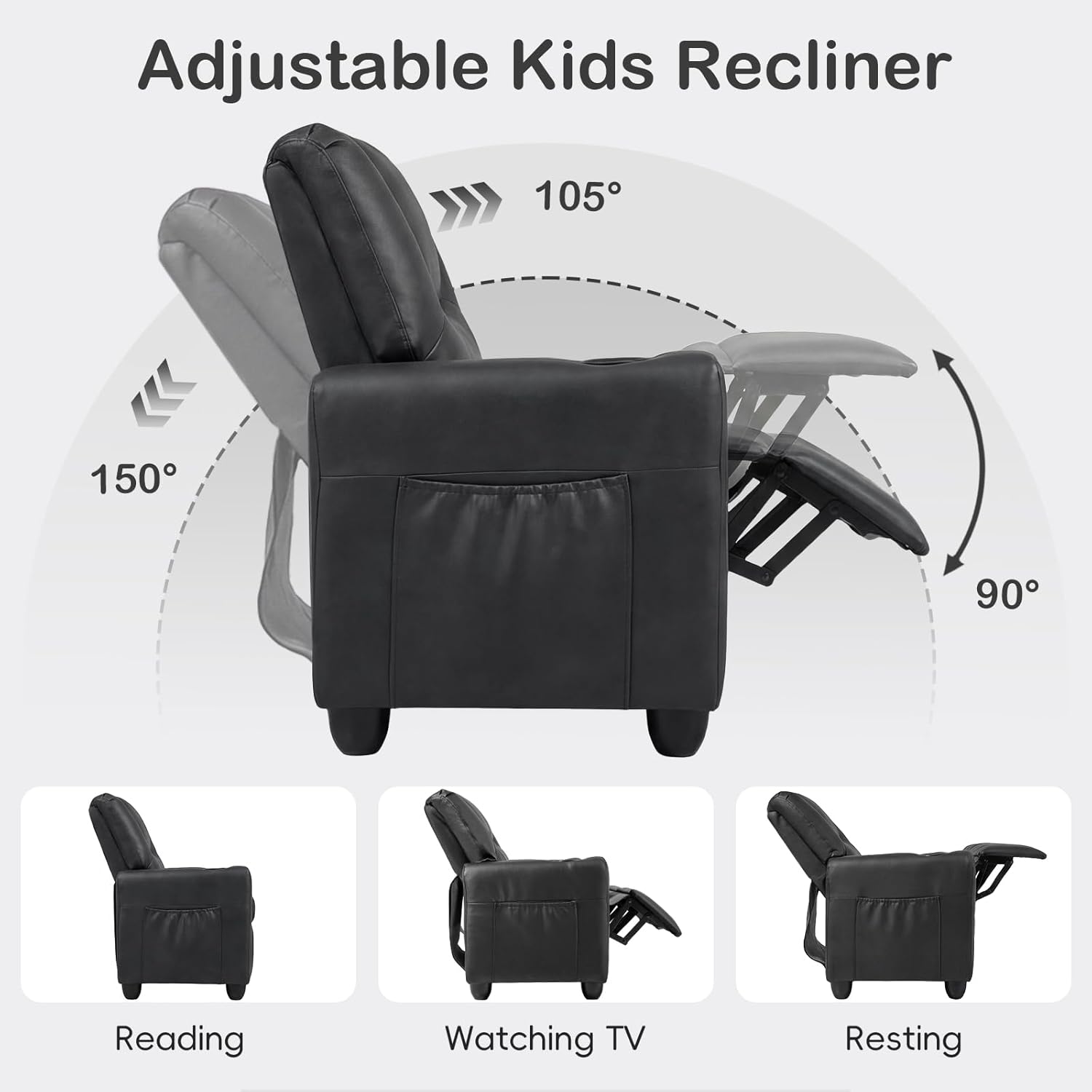 Olakids Kids Recliner, Double Toddler Lounge Chair with 105° to 150° Adjustable Backrest Cup Holder Footrest Side Pockets, PU Leather Children Couch