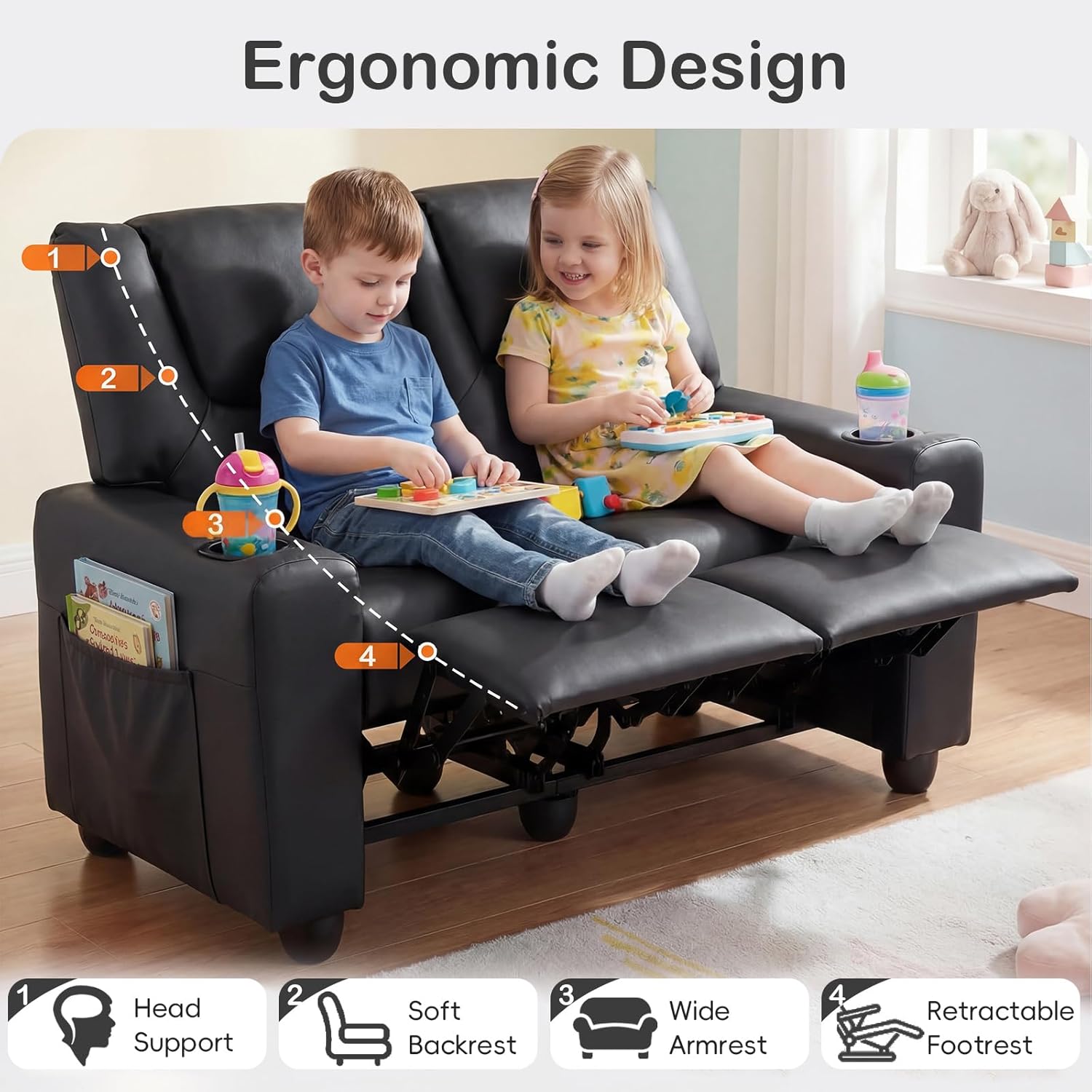 Olakids Kids Recliner, Double Toddler Lounge Chair with 105° to 150° Adjustable Backrest Cup Holder Footrest Side Pockets, PU Leather Children Couch
