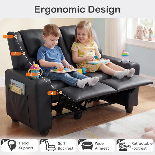 Olakids Kids Recliner, Double Toddler Lounge Chair with 105° to 150° Adjustable Backrest Cup Holder Footrest Side Pockets, PU Leather Children Couch