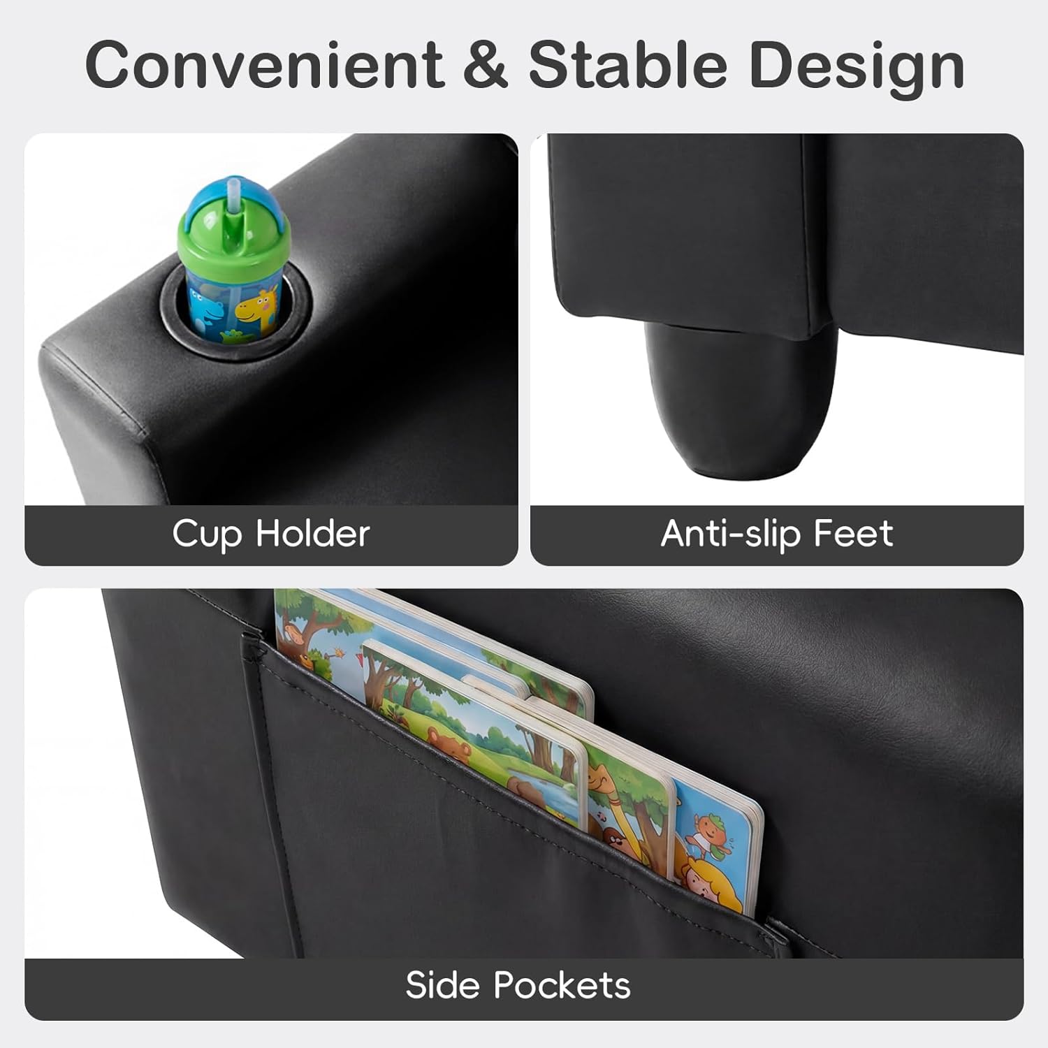 Olakids Kids Recliner, Double Toddler Lounge Chair with 105° to 150° Adjustable Backrest Cup Holder Footrest Side Pockets, PU Leather Children Couch