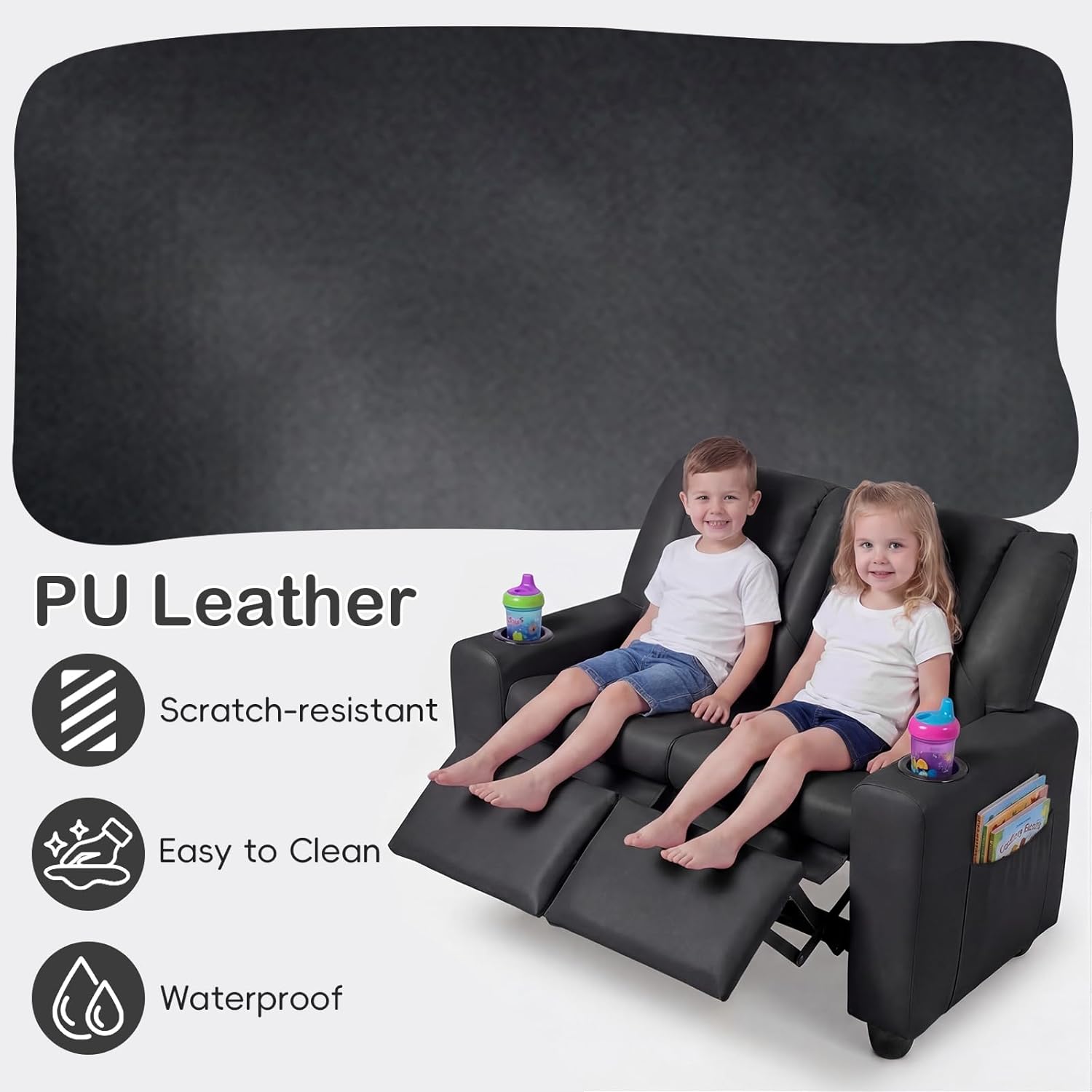 Olakids Kids Recliner, Double Toddler Lounge Chair with 105° to 150° Adjustable Backrest Cup Holder Footrest Side Pockets, PU Leather Children Couch