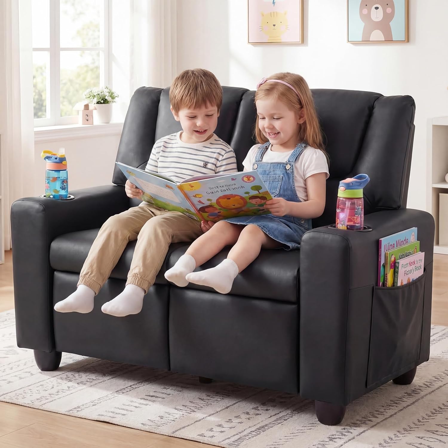Olakids Kids Recliner, Double Toddler Lounge Chair with 105° to 150° Adjustable Backrest Cup Holder Footrest Side Pockets, PU Leather Children Couch
