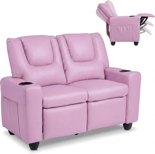 Olakids Kids Recliner, Double Toddler Lounge Chair with 105° to 150° Adjustable Backrest Cup Holder Footrest Side Pockets, PU Leather Children Couch
