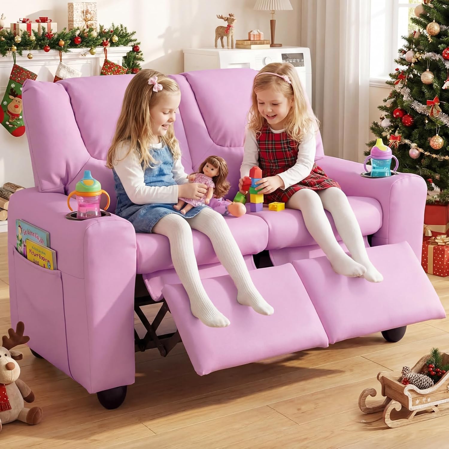 Olakids Kids Recliner, Double Toddler Lounge Chair with 105° to 150° Adjustable Backrest Cup Holder Footrest Side Pockets, PU Leather Children Couch