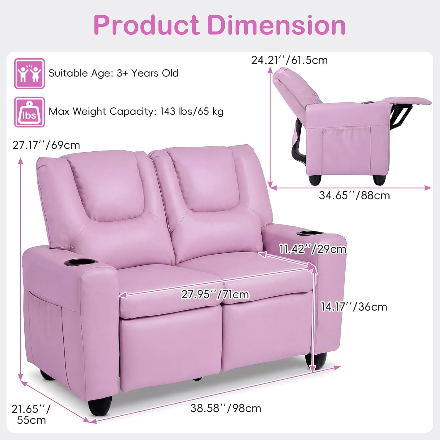 Olakids Kids Recliner, Double Toddler Lounge Chair with 105° to 150° Adjustable Backrest Cup Holder Footrest Side Pockets, PU Leather Children Couch