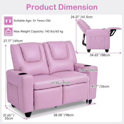 Olakids Kids Recliner, Double Toddler Lounge Chair with 105° to 150° Adjustable Backrest Cup Holder Footrest Side Pockets, PU Leather Children Couch