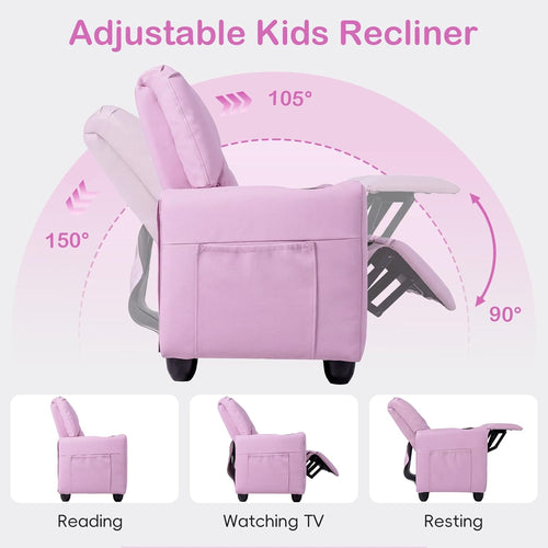 Olakids Kids Recliner, Double Toddler Lounge Chair with 105° to 150° Adjustable Backrest Cup Holder Footrest Side Pockets, PU Leather Children Couch