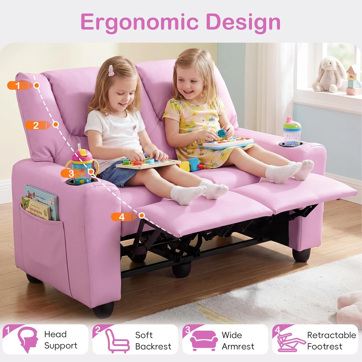 Olakids Kids Recliner, Double Toddler Lounge Chair with 105° to 150° Adjustable Backrest Cup Holder Footrest Side Pockets, PU Leather Children Couch