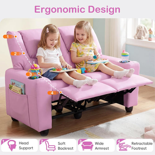 Olakids Kids Recliner, Double Toddler Lounge Chair with 105° to 150° Adjustable Backrest Cup Holder Footrest Side Pockets, PU Leather Children Couch