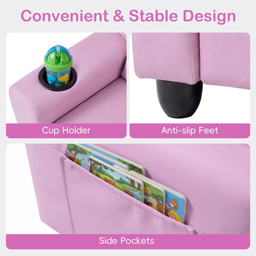 Olakids Kids Recliner, Double Toddler Lounge Chair with 105° to 150° Adjustable Backrest Cup Holder Footrest Side Pockets, PU Leather Children Couch
