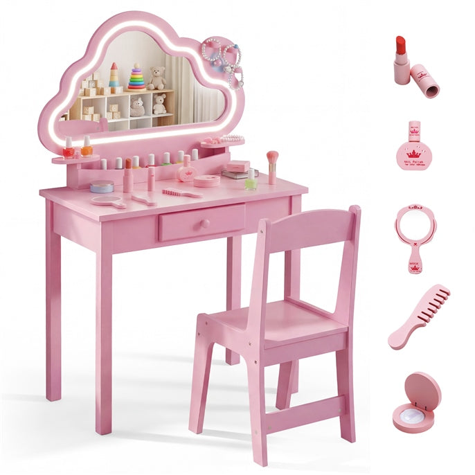 Olakids Kids Vanity with Lights, Princess Makeup Dressing Desk Toddler Table and Chair Set Pretend Playset for Girls Aged 3-6