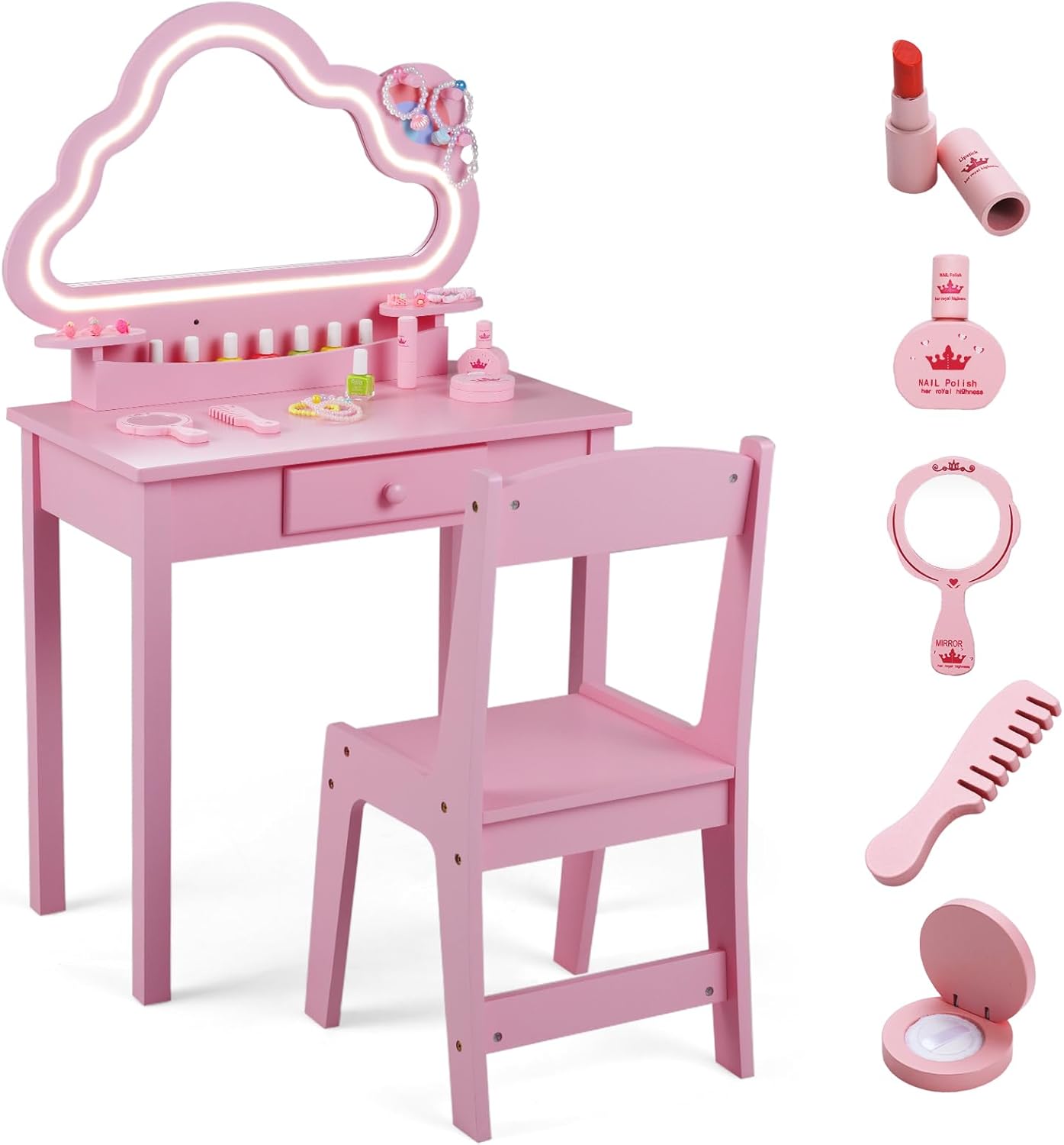 Olakids Kids Vanity with Lights, Princess Makeup Dressing Desk Toddler Table and Chair Set Pretend Playset for Girls Aged 3-6