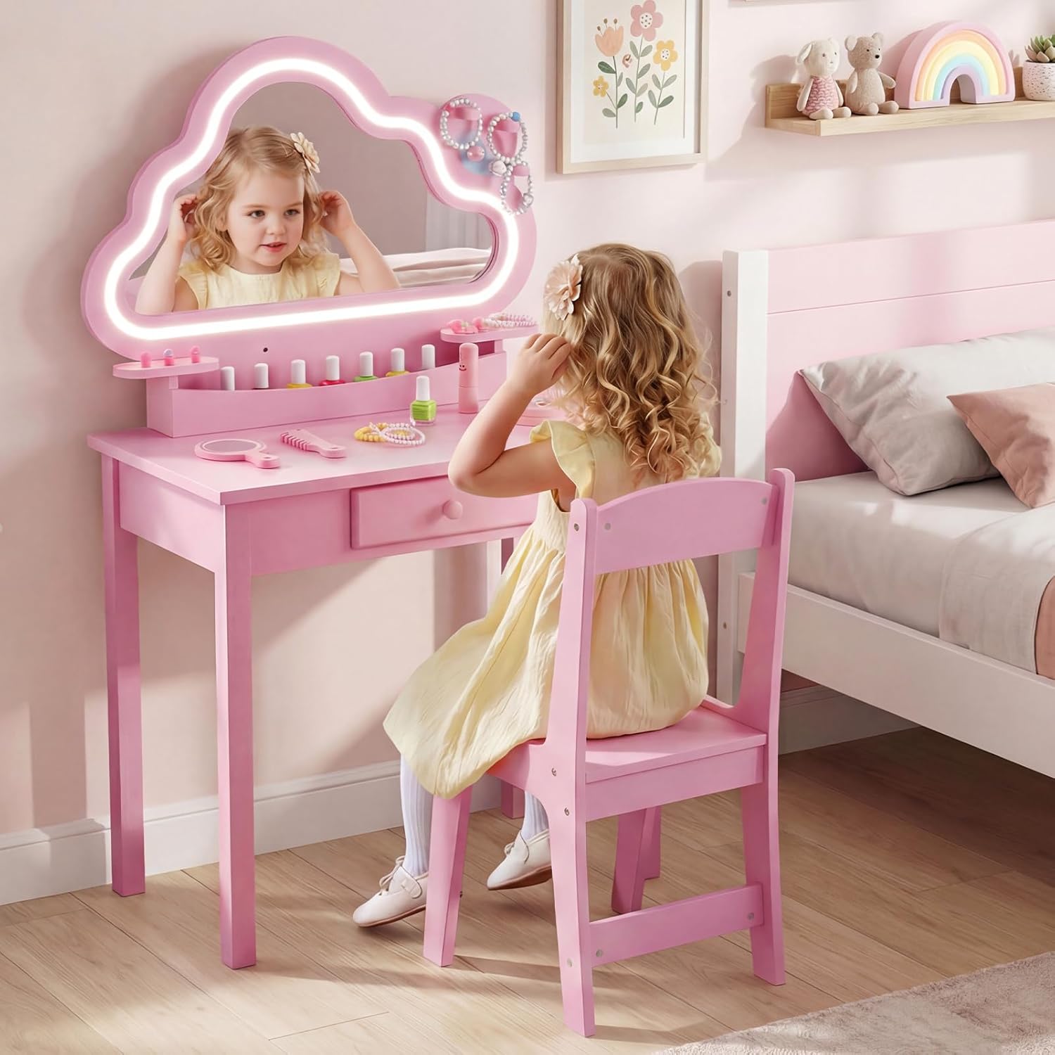 princess dressing table Kids Makeup Dressing Table with Tri-folding Mirror and Stool Pink