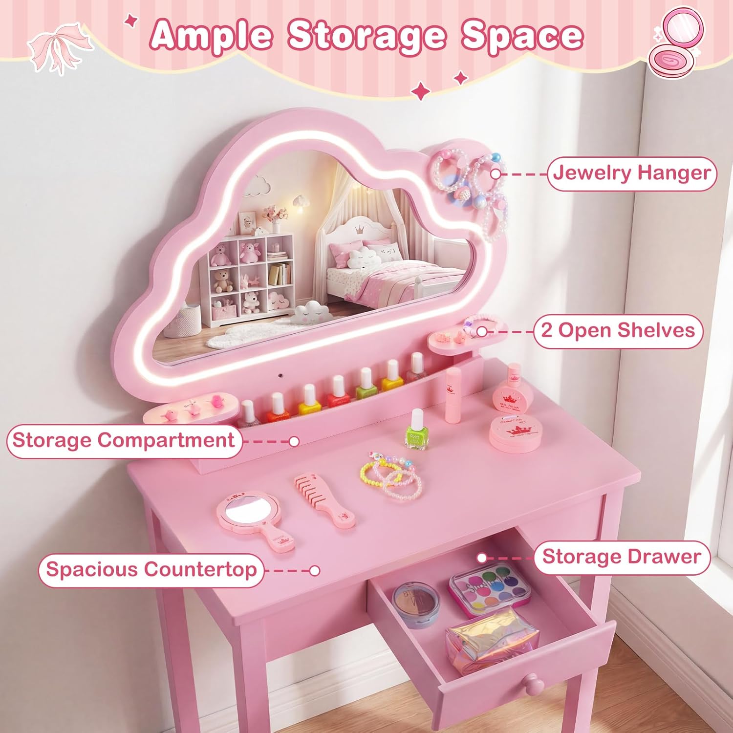 Olakids Kids Vanity with Lights, Princess Makeup Dressing Desk Toddler Table and Chair Set Pretend Playset for Girls Aged 3-6