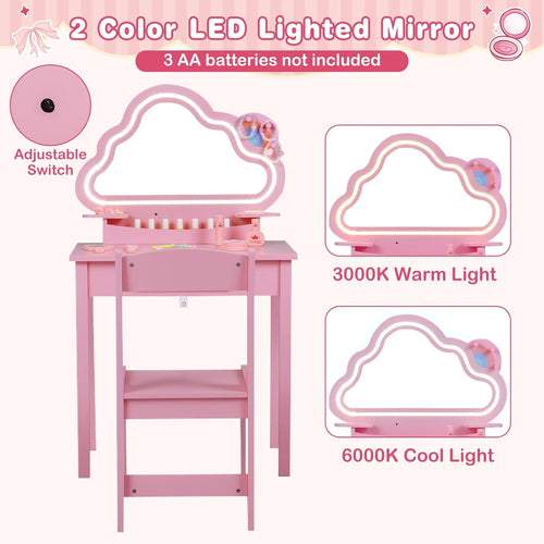 Olakids Kids Vanity with Lights, Princess Makeup Dressing Desk Toddler Table and Chair Set Pretend Playset for Girls Aged 3-6
