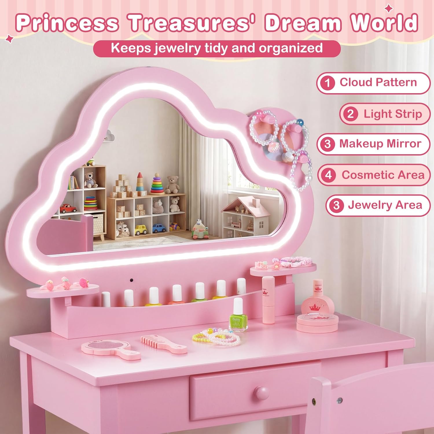 Olakids Kids Vanity with Lights, Princess Makeup Dressing Desk Toddler Table and Chair Set Pretend Playset for Girls Aged 3-6