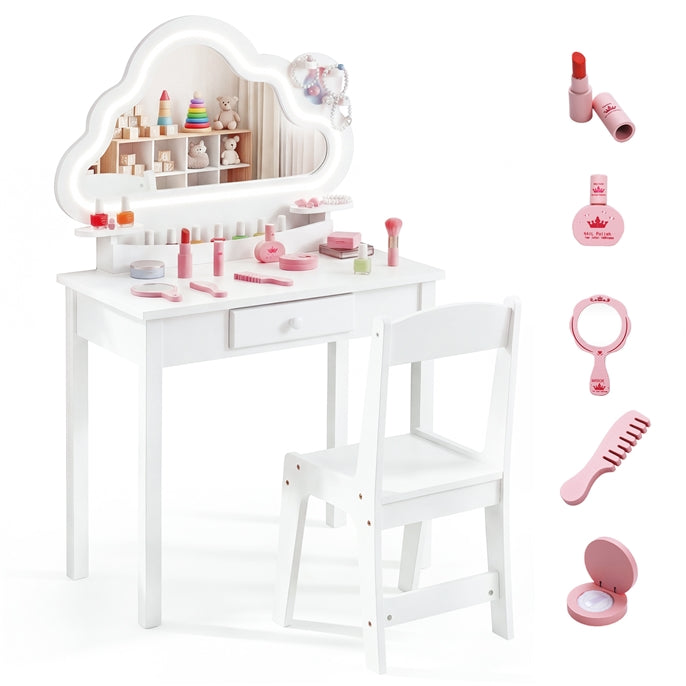 Olakids Kids Vanity with Lights, Princess Makeup Dressing Desk Toddler Table and Chair Set Pretend Playset for Girls Aged 3-6