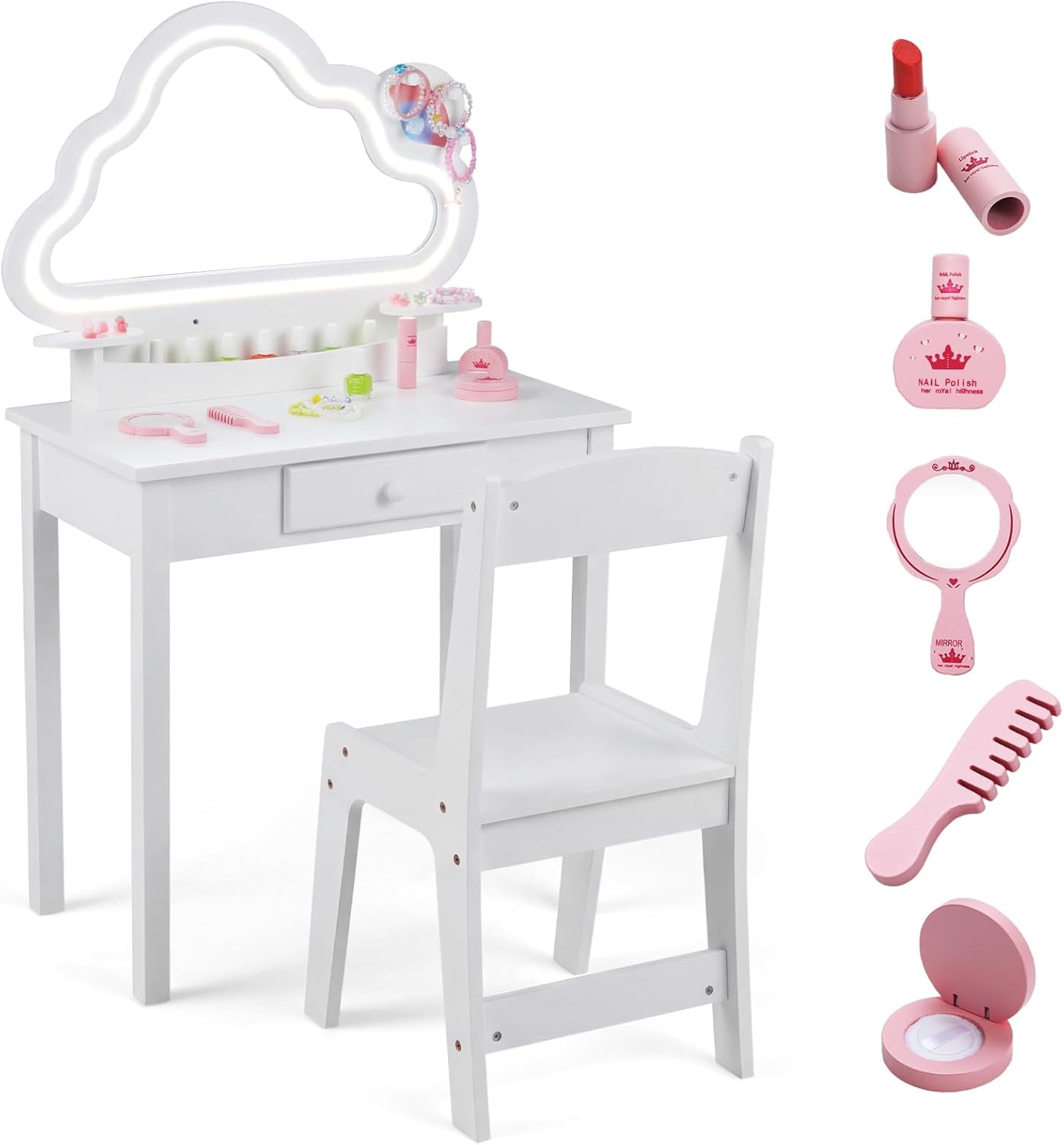 Olakids Kids Vanity with Lights, Princess Makeup Dressing Desk Toddler Table and Chair Set Pretend Playset for Girls Aged 3-6