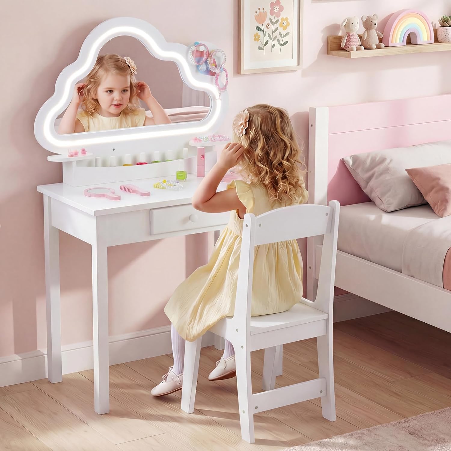 princess dress up vanity HONEY JOY White Kids Vanity Set Princess Pretend Play Vanity Table with Chair and Mirror and 4 Drawers TOPB008496