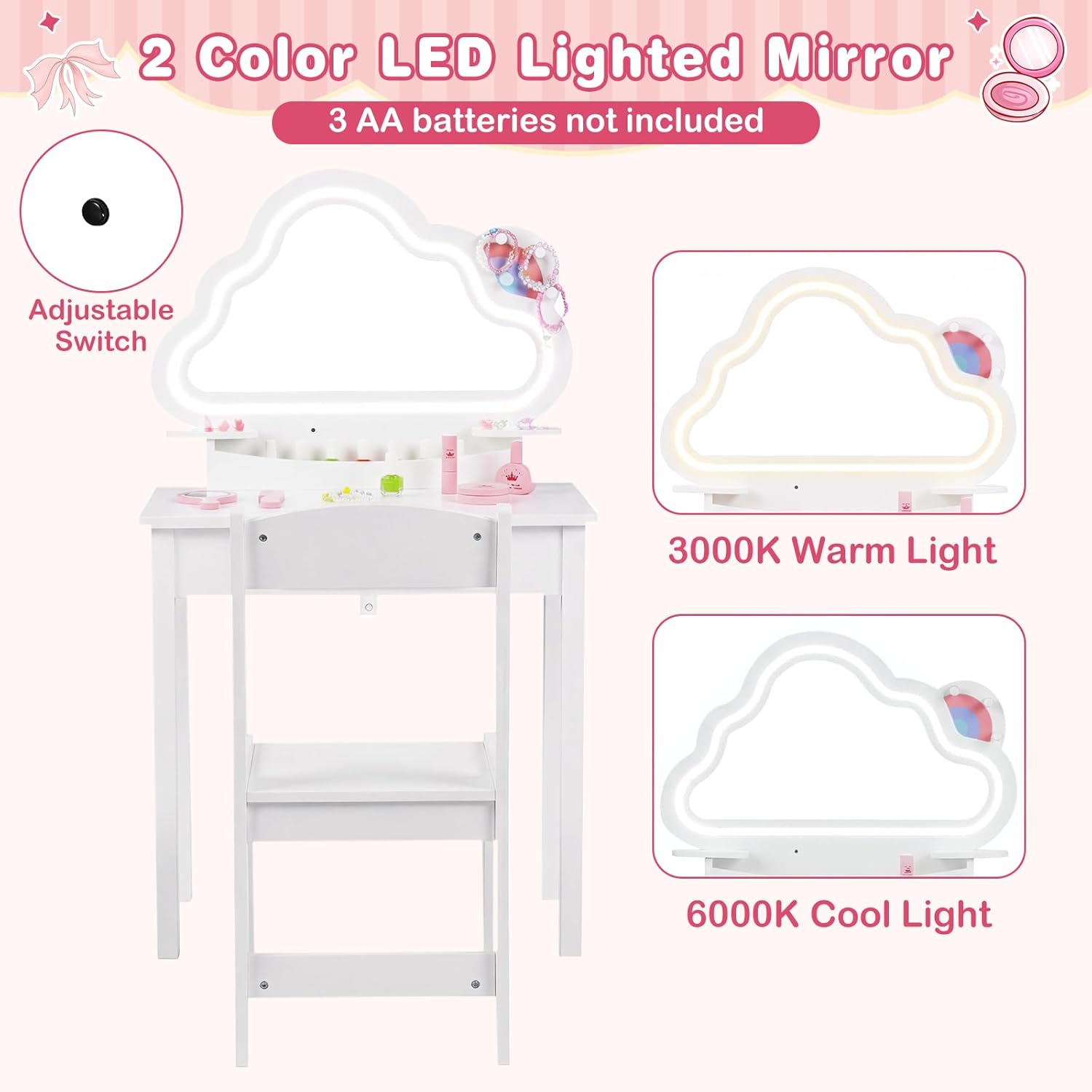 Olakids Kids Vanity with Lights, Princess Makeup Dressing Desk Toddler Table and Chair Set Pretend Playset for Girls Aged 3-6