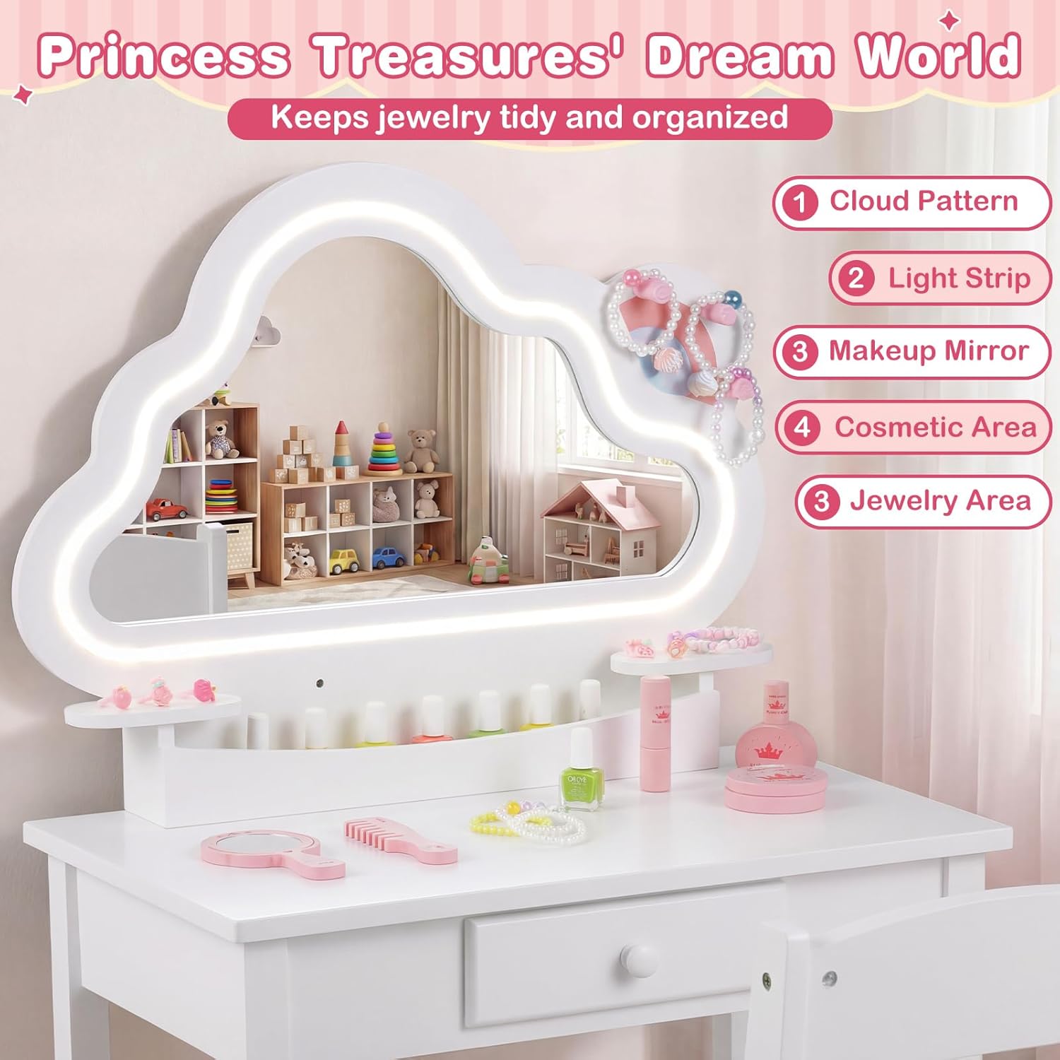 Olakids Kids Vanity with Lights, Princess Makeup Dressing Desk Toddler Table and Chair Set Pretend Playset for Girls Aged 3-6