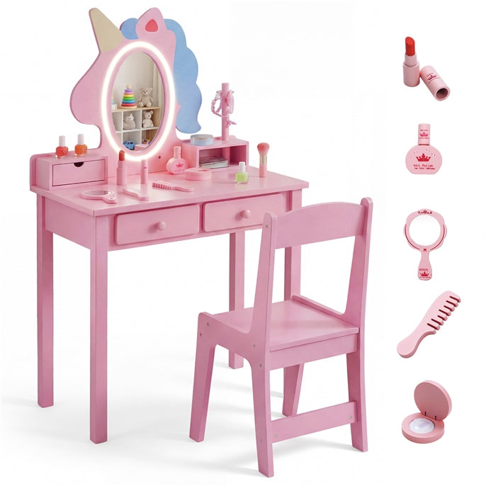 Olakids Kids Vanity with Lights, Princess Makeup Dressing Desk Toddler Table and Chair Set Pretend Playset for Girls Aged 3-6