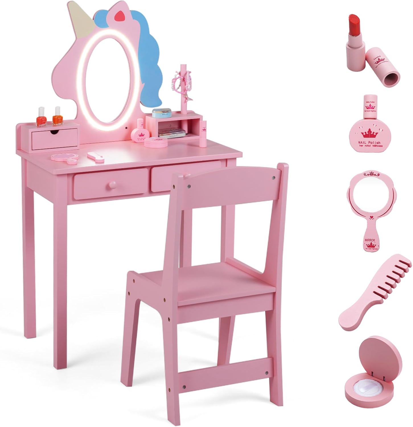Olakids Kids Vanity with Lights, Princess Makeup Dressing Desk Toddler Table and Chair Set Pretend Playset for Girls Aged 3-6