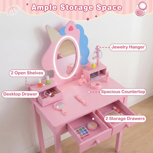Olakids Kids Vanity with Lights, Princess Makeup Dressing Desk Toddler Table and Chair Set Pretend Playset for Girls Aged 3-6