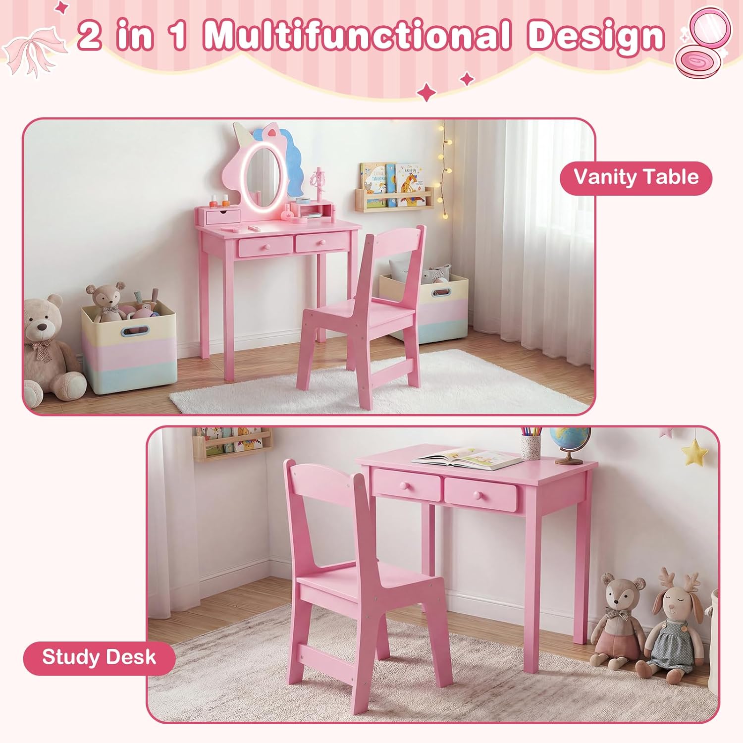 Olakids Kids Vanity with Lights, Princess Makeup Dressing Desk Toddler Table and Chair Set Pretend Playset for Girls Aged 3-6