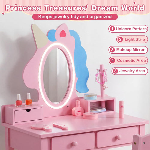 Olakids Kids Vanity with Lights, Princess Makeup Dressing Desk Toddler Table and Chair Set Pretend Playset for Girls Aged 3-6