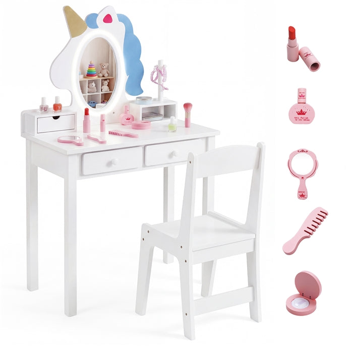 Olakids Kids Vanity with Lights, Princess Makeup Dressing Desk Toddler Table and Chair Set Pretend Playset for Girls Aged 3-6