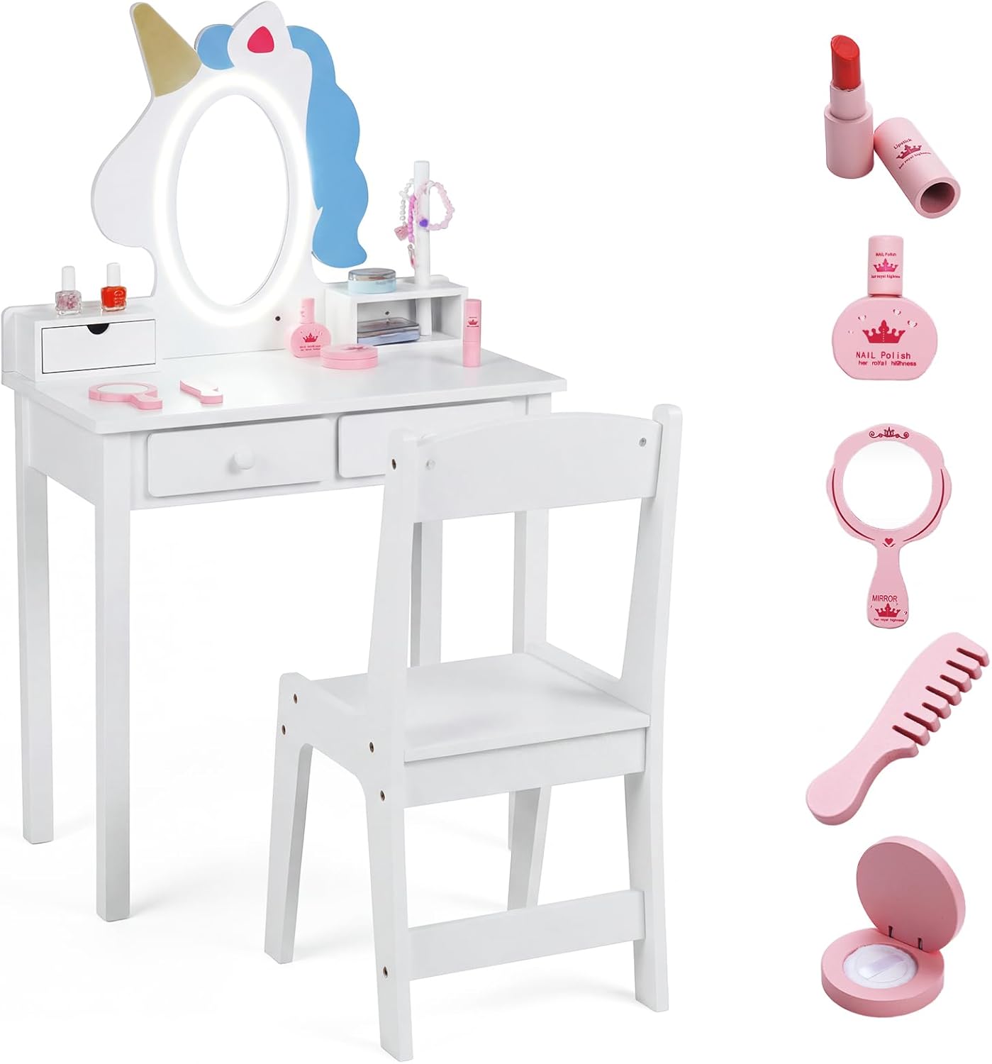 Olakids Kids Vanity with Lights, Princess Makeup Dressing Desk Toddler Table and Chair Set Pretend Playset for Girls Aged 3-6